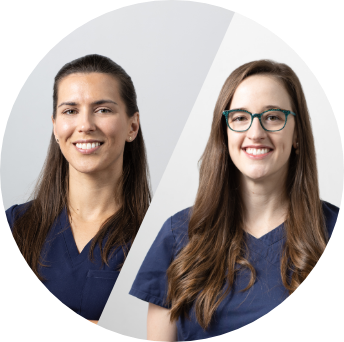 Headshots of Dr Rachael Noah and Dr Leanne Roach in scrubs, smiling.