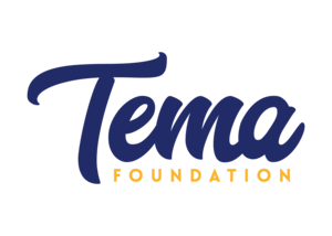 Logo. navy blue and yellow script of the words Tema Foundation.