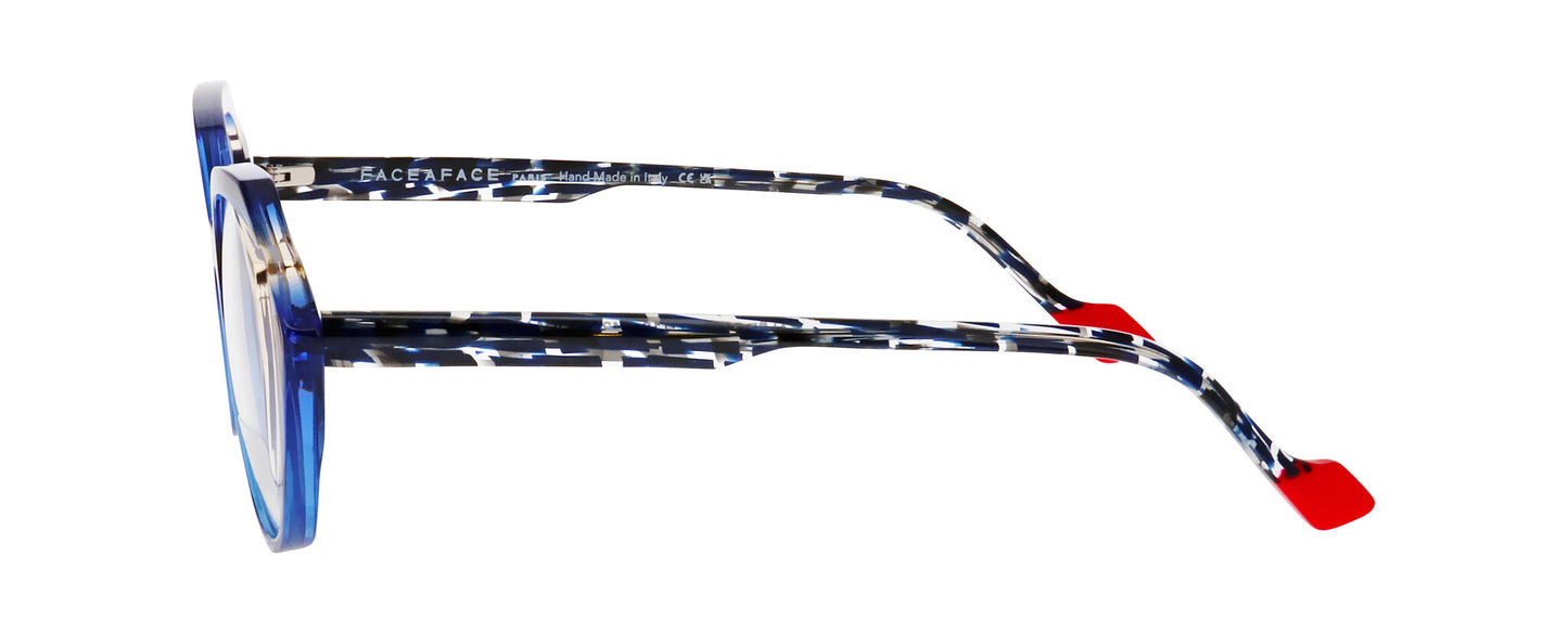 Women's prescription eyewear – A side view of an acetate frame that is geometric in shape and ultra blue/transparent in colour. The blue and translucent speckled temples are finished with red tips.