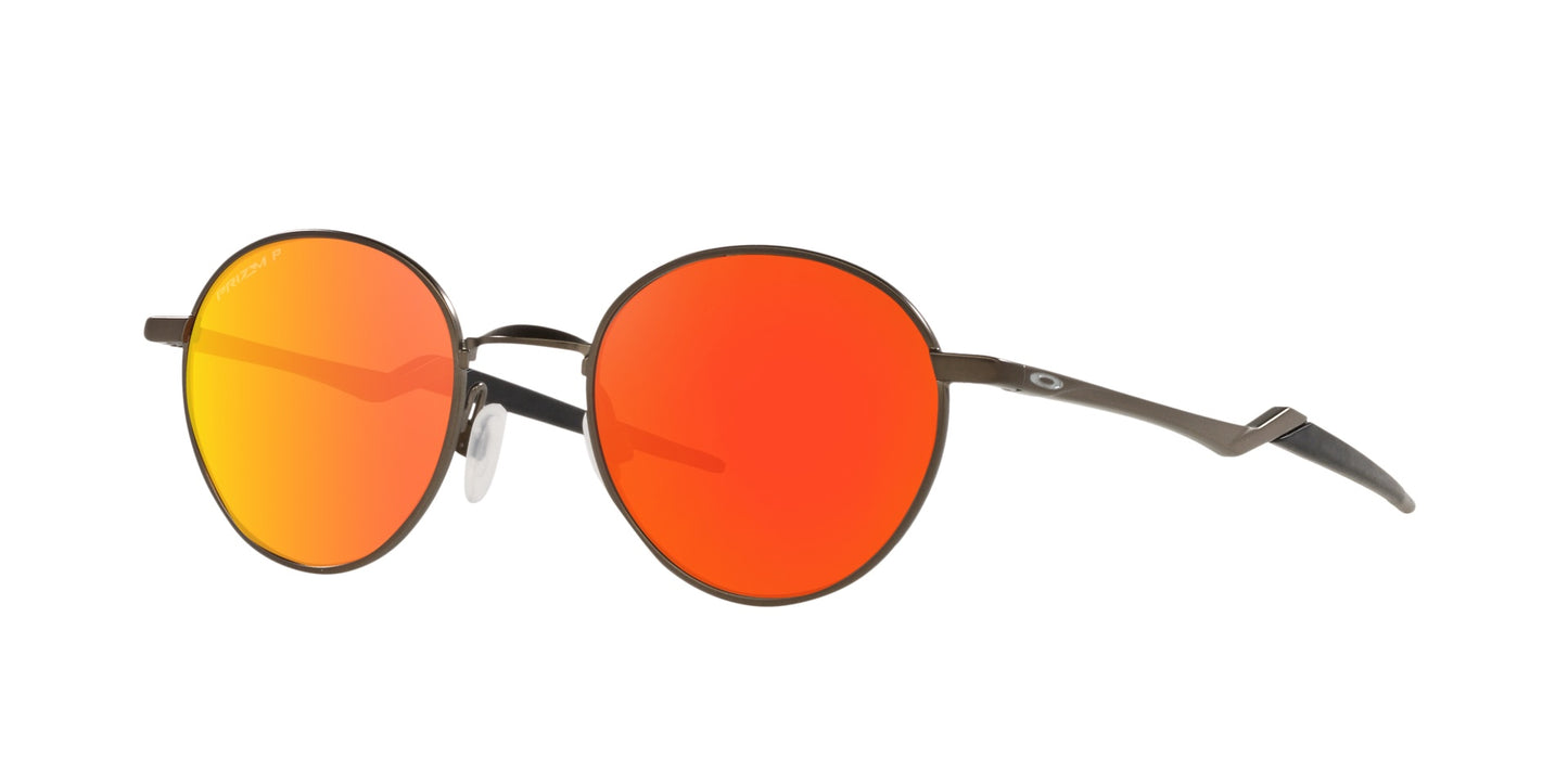Men’s sunglasses - A side view of the Terrigal model: A round satin pewter frame made of Oakley's lightweight C-5 metal. The lenses are prism ruby and polarized
