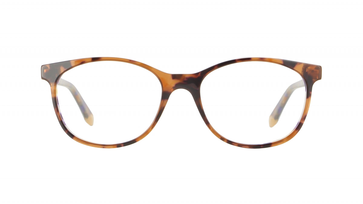 Women's prescription eyewear: A front view of a round acetate frame in a brown tortoise colour with subtle purple hues in temples.