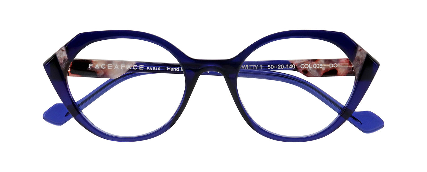 Women's prescription eyewear – A front view of an acetate frame that is hexagonal in shape and ink blue in colour with tortoiseshell accents.