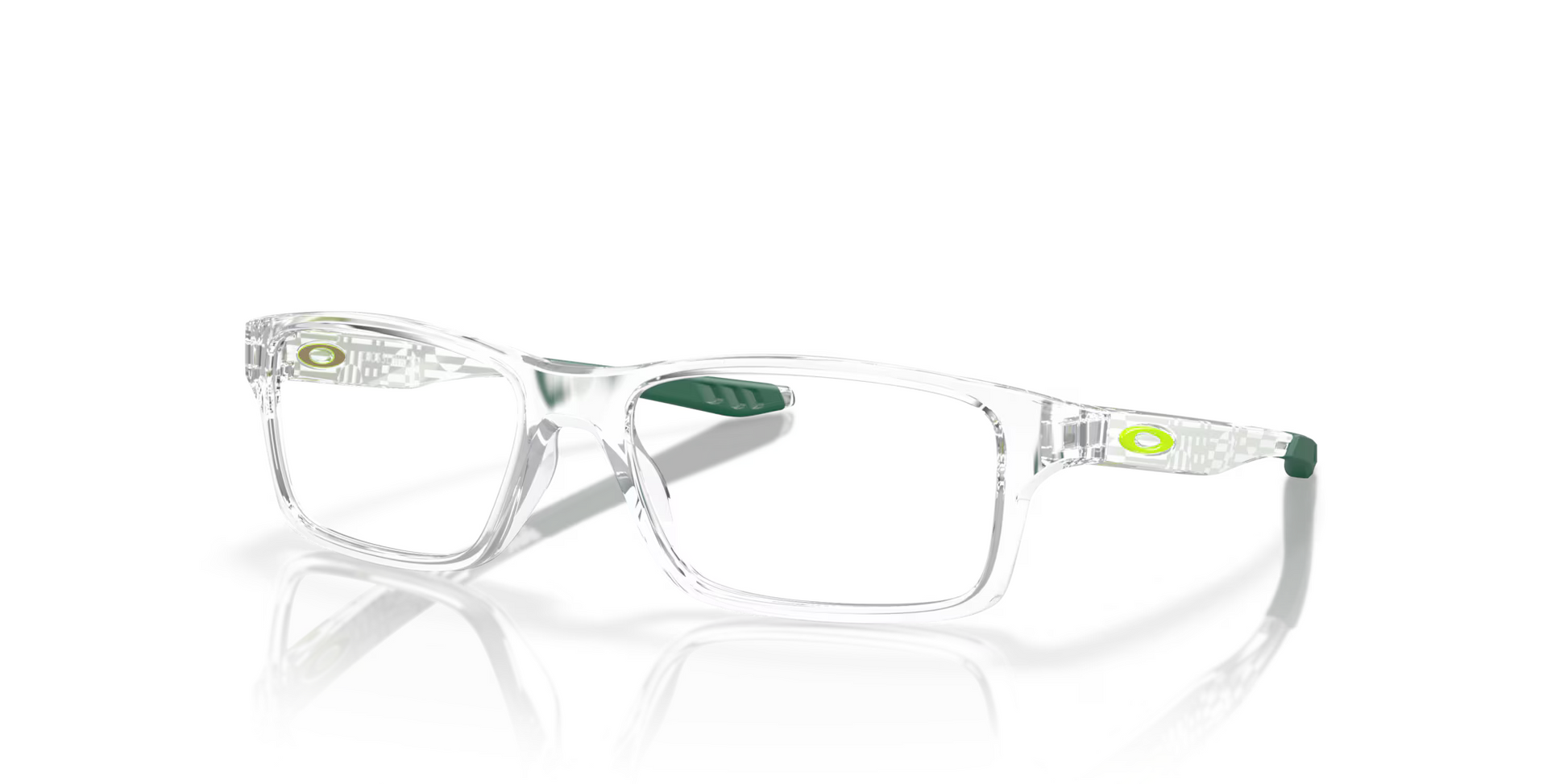 Oakley prescription glasses 1/4 view - Crosslink XS Youth Fit - Transparent frame with forest green tips. The Oakley logo is fluo green and located on the temple. 