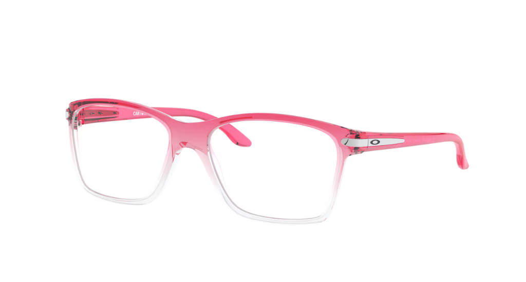 Oakley prescription glasses 1/4 view - Cartwheel Youth Fit - Pink fade to transparent rectangular frame. The Oakley logo is black on silver and located on the temple. 