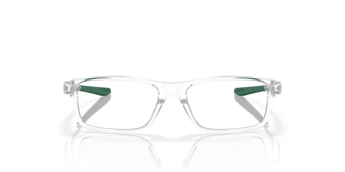 Oakley prescription glasses (front view) - Crosslink XS Youth Fit - Transparent frame with forest green tips. 