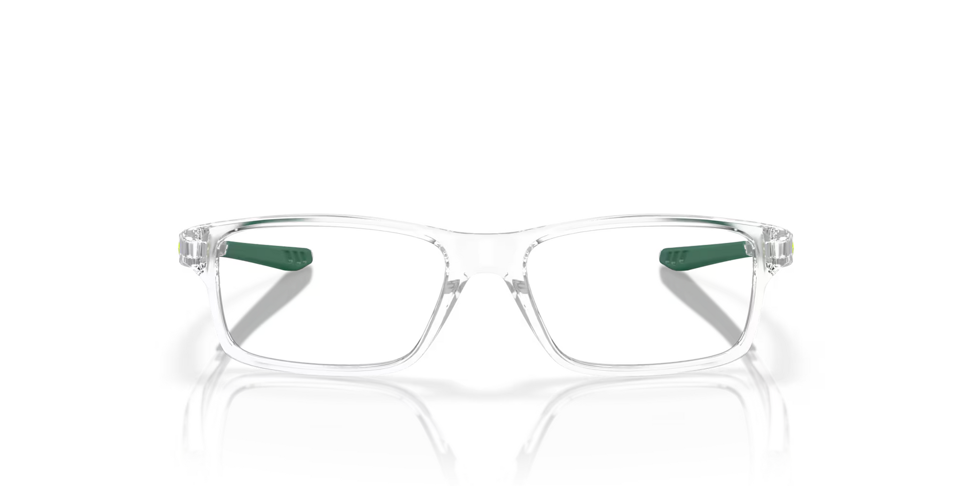 Oakley prescription glasses (front view) - Crosslink XS Youth Fit - Transparent frame with forest green tips. 