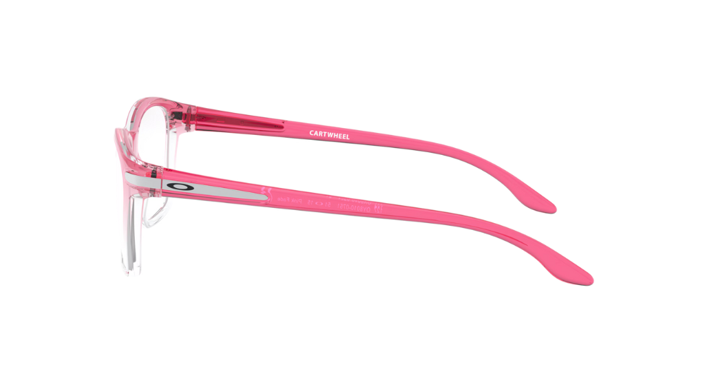 Oakley prescription glasses side view - Cartwheel Youth Fit - Pink fade to transparent rectangular frame. The Oakley logo is black on silver and located on the temple. 