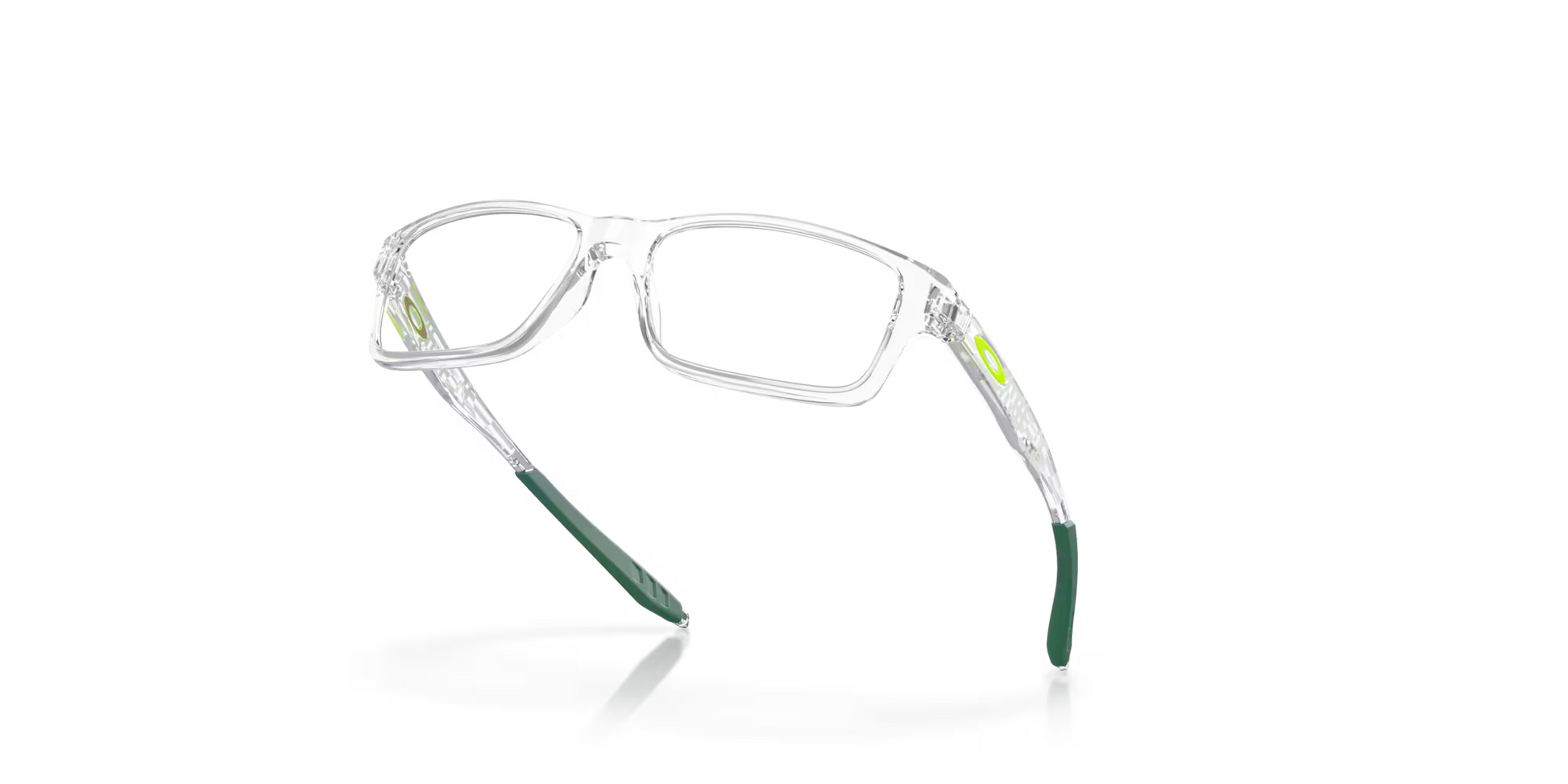 Oakley prescription glasses 1/4 view - Crosslink XS Youth Fit - Transparent frame with forest green tips. The Oakley logo is fluo green and located on the temple. 