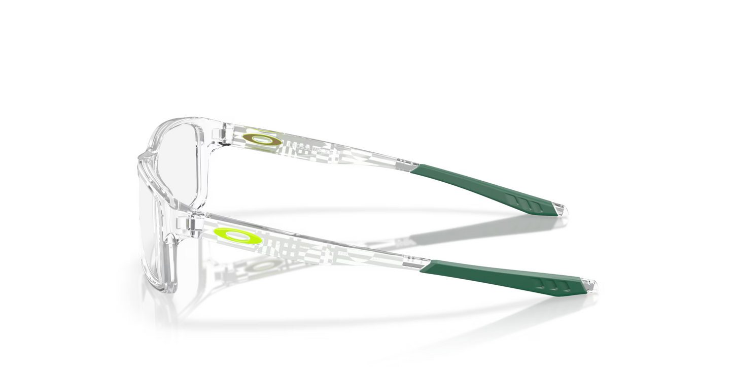 Oakley prescription glasses (side view) - Crosslink XS Youth Fit - Transparent frame with forest green tips. The Oakley logo is fluo green and located on the temple. 