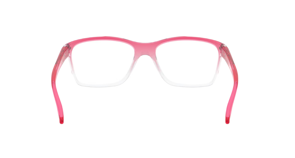 Oakley prescription glasses back view - Cartwheel Youth Fit - Pink fade to transparent rectangular frame. 