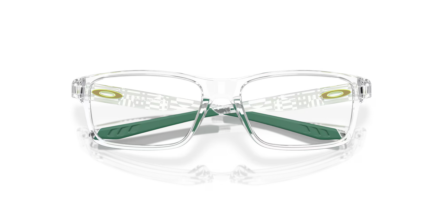 Oakley prescription glasses (Close up/front) - Crosslink XS Youth Fit - Transparent frame with forest green tips. The Oakley logo is fluo green and located on the temple. 