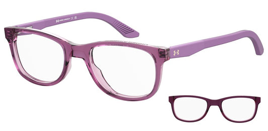 Kids' prescription glasses. The square frame is purple/pink. The grey Under Armour logo is located on the temple.