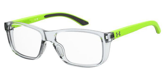 Kids' prescription glasses (1/4 view). The rectangular frame is transparent with fluorescent green arms. The grey Under Armour logo is located on the temple.