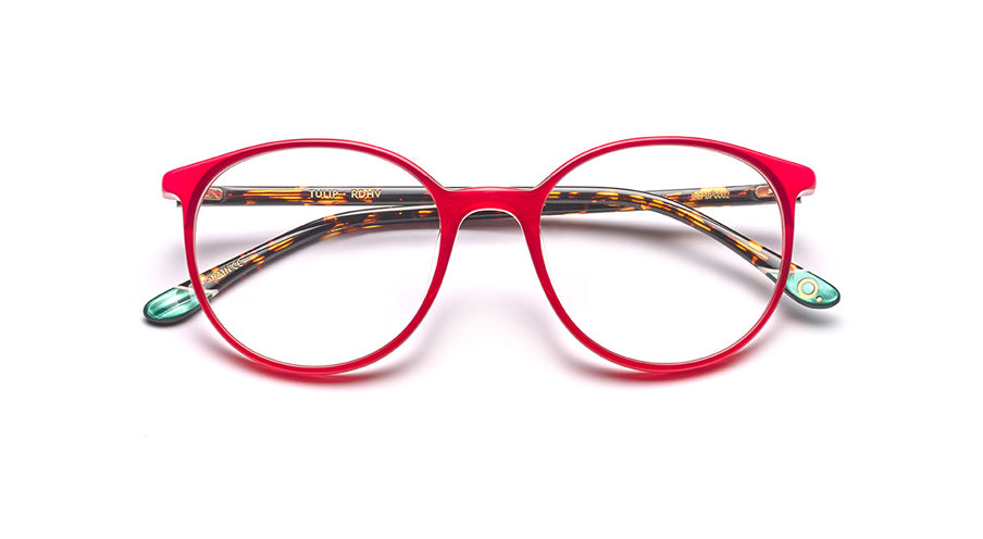 Women’s prescription eyewear - A front view of the Tulip frame: An oval red front with tortoise temples and green tips. The Etnia Barcelona insignia located on the inside of the temple tips.