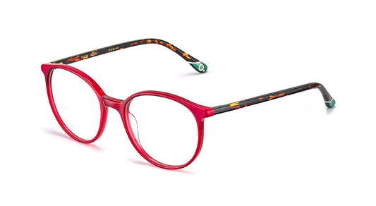 Women’s prescription eyewear - A side view of the Tulip frame: An oval red front with tortoise temples and green tips.. The Etnia Barcelona insignia located on the inside of the temple tips.