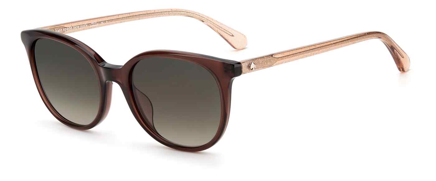Women's sunglasses: These timeless brown plastic frames have rounded edges and brown lenses. The temples are rosé with glitters and adorned with the recognizable golden spade logo.