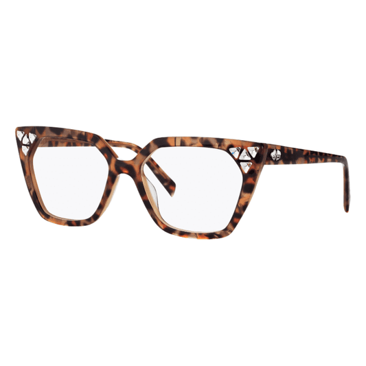 Women's prescription eyewear – A side view of a cat-eye acetate frame in a in classic brown tortoise colour with Swarovski crystals embellishment.