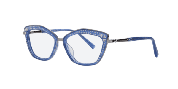 Women's prescription eyewear – A side view of a cat-eye acetate frame that is lavender and silver in colour and glittering with  Swarovski crystals embellishment.