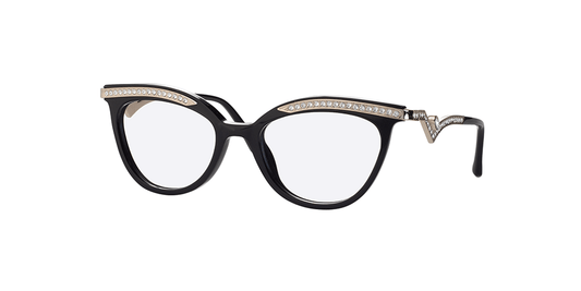 Women's prescription eyewear – A side view of a cat-eye acetate frame that is black and gold classic in colour with Swarovski crystals embellishment running from the top of the frame to the temples.