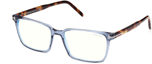Men's prescription eyewear – A side view a clear plastic blue frame with tortoise temples, adorned with the classic silver T logo