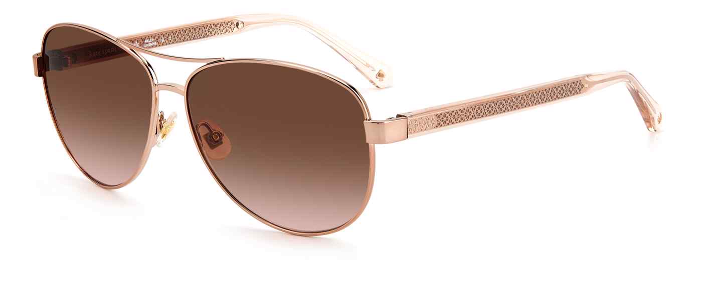 Women's sunglasses: A rose gold stainless steel frame in an aviator style. The lenses are gradient brown and the metallic Spade insignia is located on the temple tips.