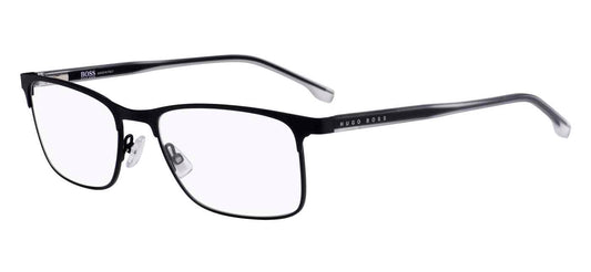 Men’s prescription eyewear - A side view of the Boss 0967 model: The square frame is black and made of metal. The Hugo Boss logo is located on the temples.