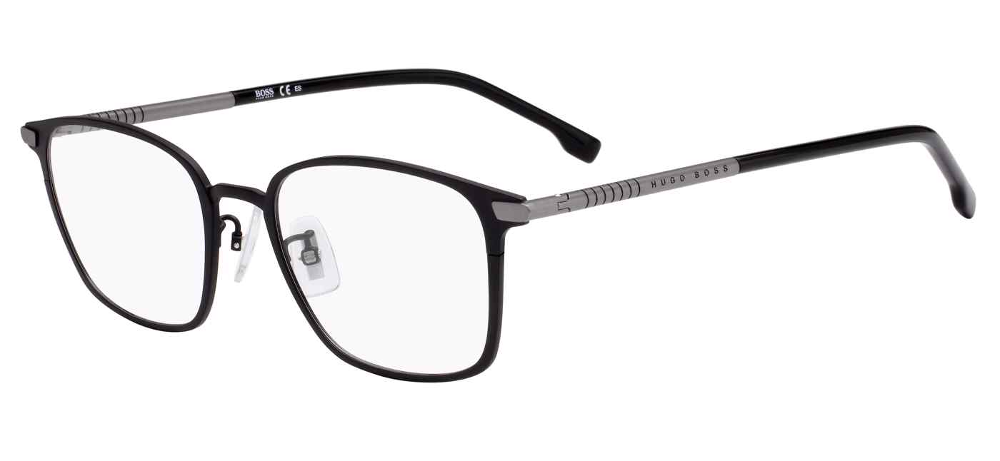 Men’s prescription eyewear - A side view of the Boss 1071 /F model: The frame is made of titanium and beta-titanium.  It is mostly black in colour with some silver on the temples. The Hugo Boss logo is engraved on the temples.