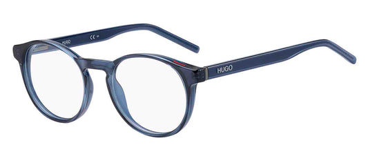 Men’s prescription eyewear - A side view of the Boss 1164 model: This round frame is made of plastic.  It is blue and has the Hugo logo on the temples.