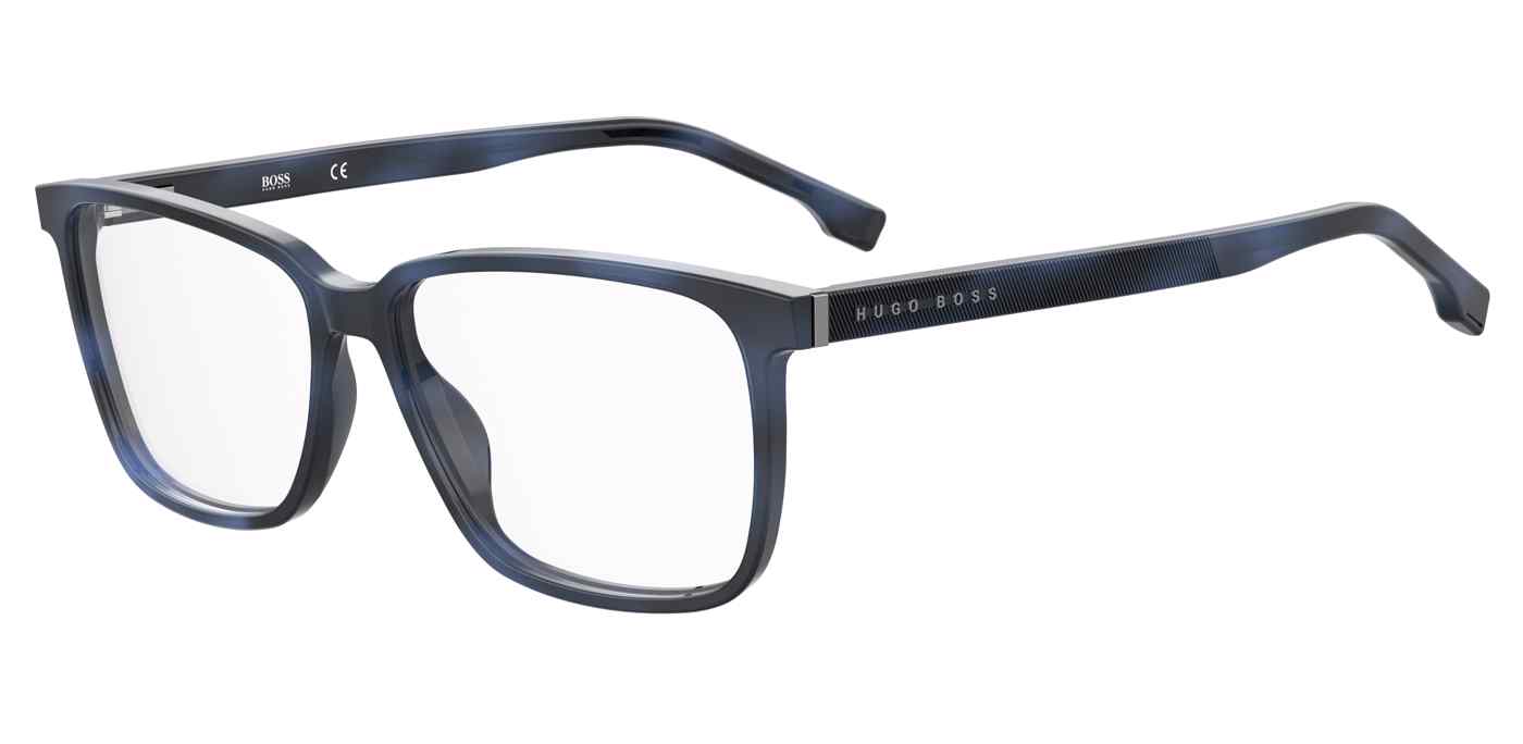 Men’s prescription eyewear - A side view of the Boss 1300 U model: This rectangular frame is made of acetate.  It is blue tortoise in colour and has the Hugo Boss logo at the hinge.