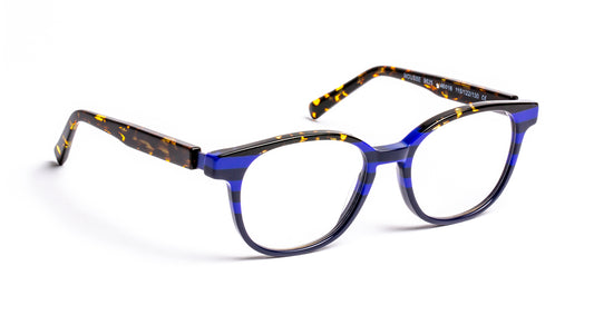 Plastic prescription frame for boys with tortoise arms and blue stripes in front from the Teen & Kids J.F. Ray collection. 