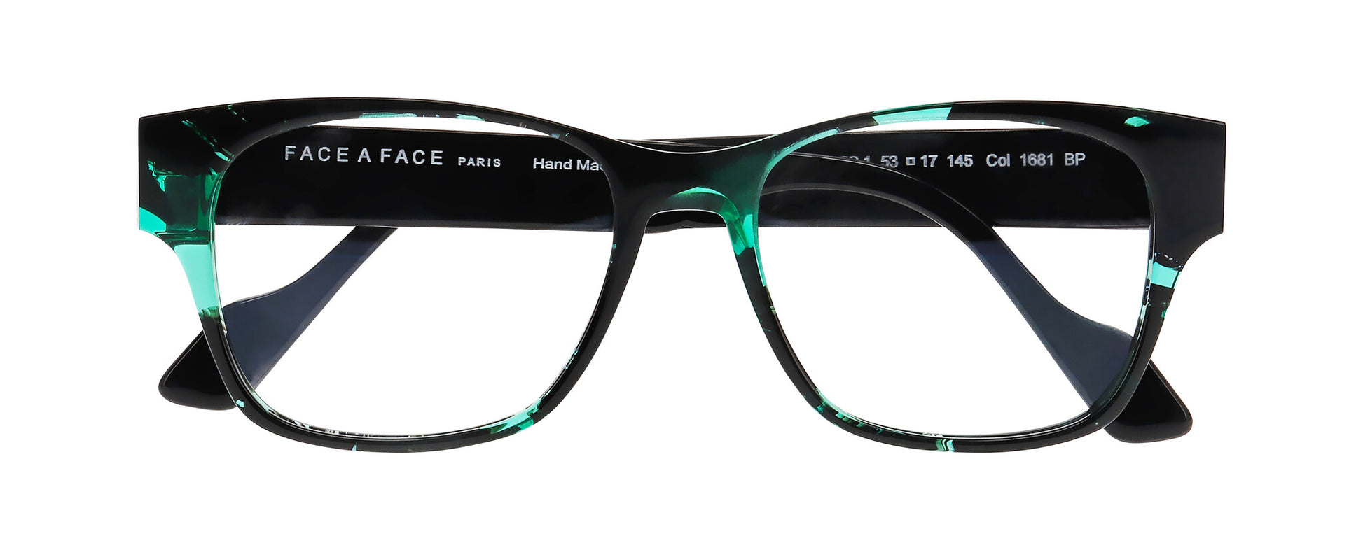 Men's prescription eyewear – A front view of a square acetate frame that is black and clear green tortoise in colour