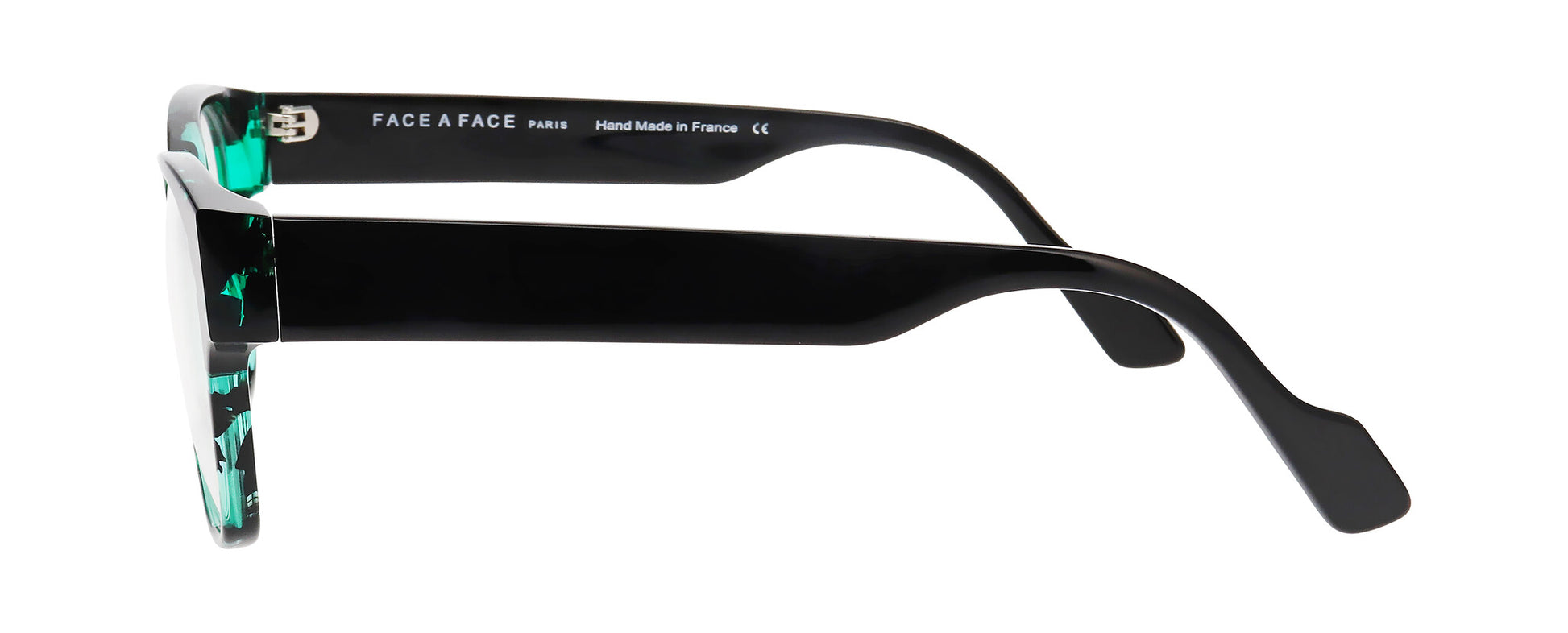 Men's prescription eyewear – A side view of a square acetate frame that is black and clear green tortoise in colour