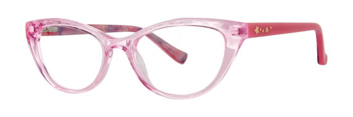 Kids prescription eyewear: Clear pink acetate frame with a subtle cat eye. Light pink stars are imprinted on the front, as well as a small golden cluster on the temples