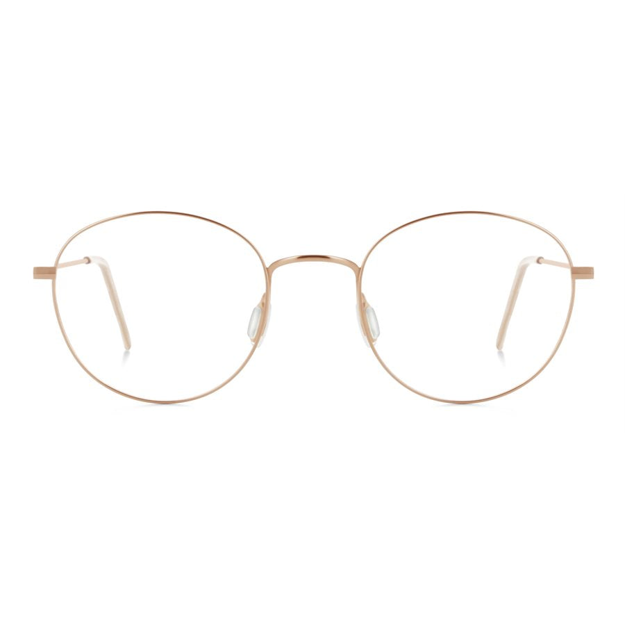 Women's prescription eyewear - a front view of a delicate, round frame made of titanium in gold rose colour.