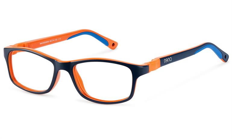 Kids prescription eyewear: The matt navy and orange model has a rectangular shape and is made of plastic. Nano logo is located by the hinge.