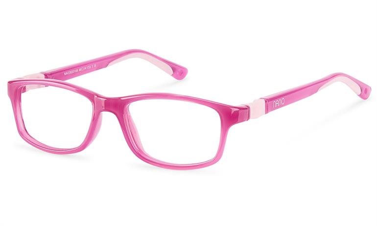 Kids prescription eyewear: The crystal pink model has a rectangular shape and is made of plastic. Nano logo is located by the hinge.
