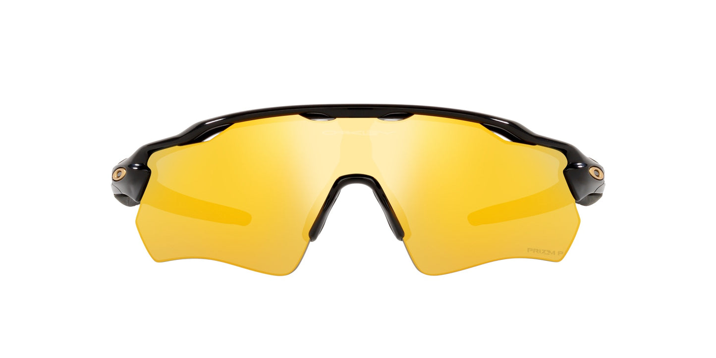 Men’s sunglasses - A front view of the Radar EV Path model:  A polished black, wrap-around frame made injected material. The lenses are 24k (Gold) and polarized. Oakley's gold logo is located by the hinges.
