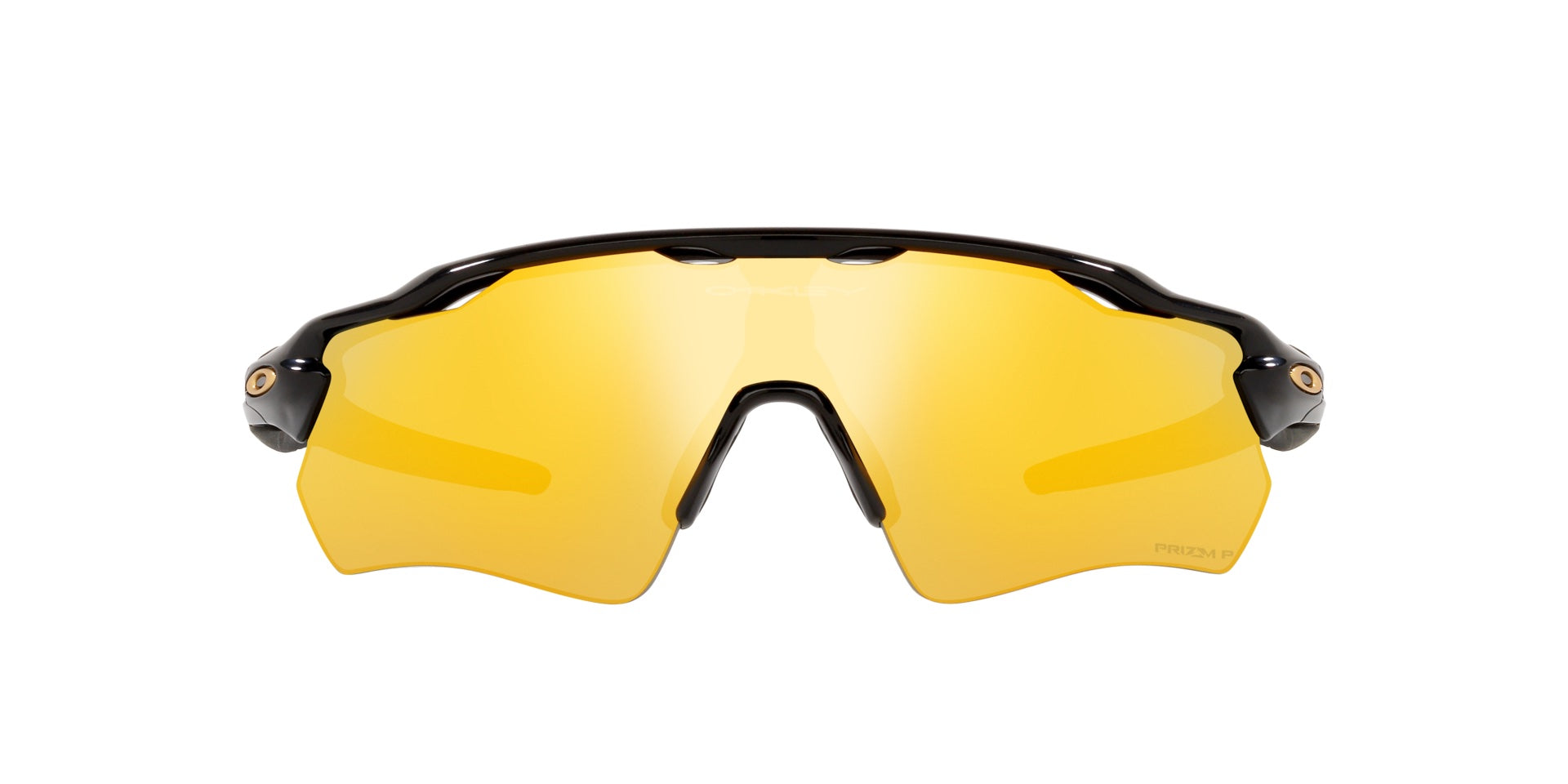 Men’s sunglasses - A front view of the Radar EV Path model:  A polished black, wrap-around frame made injected material. The lenses are 24k (Gold) and polarized. Oakley's gold logo is located by the hinges.