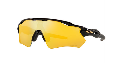 Men’s sunglasses - A side view of the Radar EV Path model:  A polished black, wrap-around frame made injected material. The lenses are 24k (Gold) and polarized. Oakley's gold logo is located by the hinges.