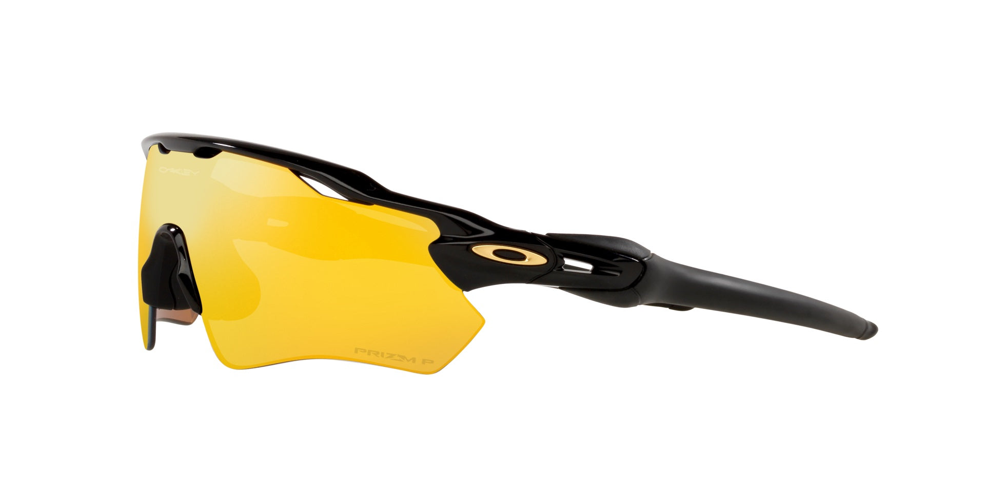 Men’s sunglasses - A side view of the Radar EV Path model:  A polished black, wrap-around frame made injected material. The lenses are 24k (Gold) and polarized. Oakley's gold logo is located by the hinges.