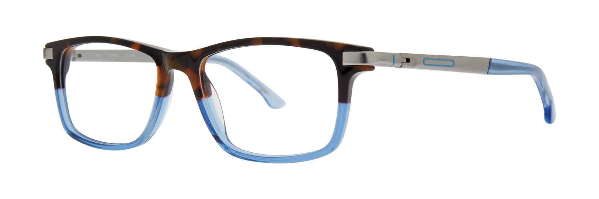 Unisex teen’s prescription eyewear: A side view of the Ondeck model with half brown tortoise and half clear light blue frame. It is made of acetate and has a rectangular shape.