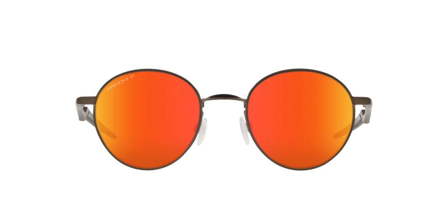 Men’s sunglasses - A front view of the Terrigal model:  A round satin pewter frame made of Oakley's lightweight C-5 metal. The lenses are prism ruby and polarized