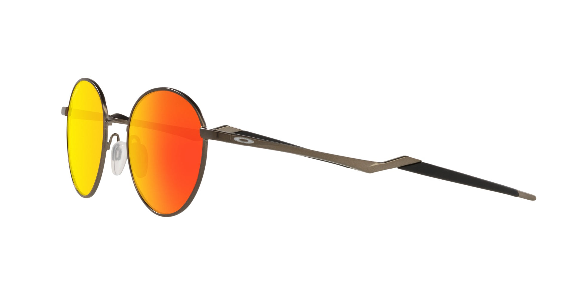 Men’s sunglasses - A side view of the Terrigal model:  A round satin pewter frame made of Oakley's lightweight C-5 metal. The lenses are prism ruby and polarized