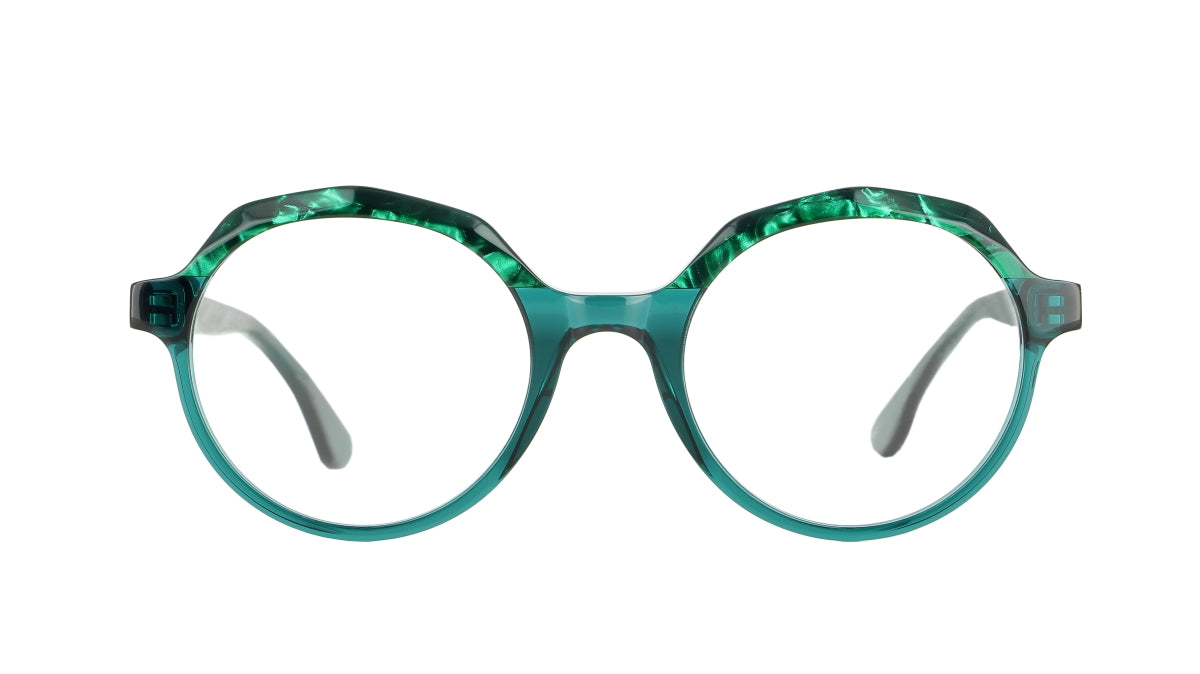 Women's prescription eyewear: A front view of a round acetate frame in teal and green colours.