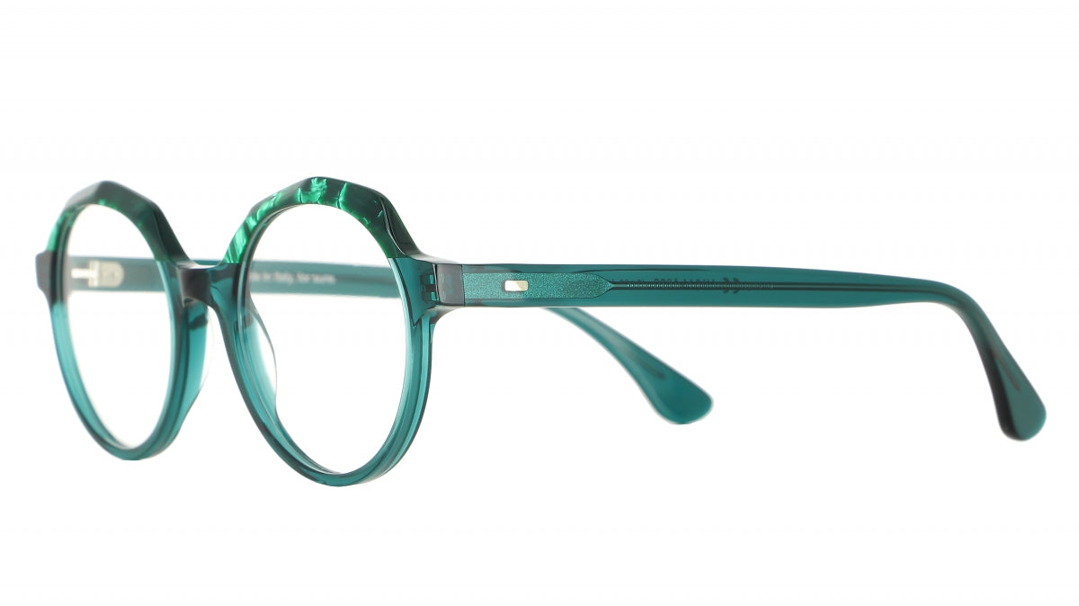 Women's prescription eyewear: A partial side view of a round acetate frame in teal and green colours.