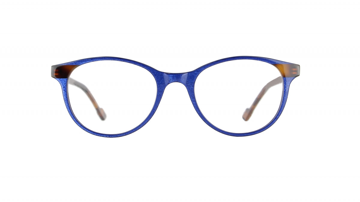 Women's prescription eyewear: A front view of a micropixel blue acetate frame in a subtle cat eye design with Havana accents at the hinges.