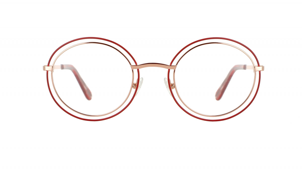 Women's prescription eyewear – A front view of a round metal frame, in a burgundy and rose gold colours.