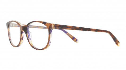 Women's prescription eyewear: A side view of a round acetate frame in a brown tortoise colour with subtle purple hues in temples.
