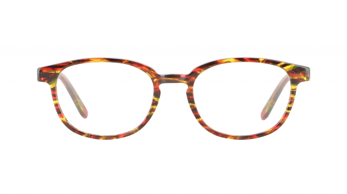 Women's prescription eyewear: A front view of a round acetate frame in a dark Havana red colour.