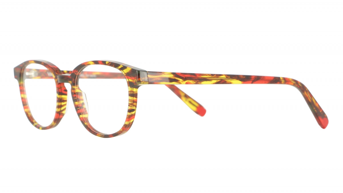 Women's prescription eyewear: A partial side view of a round acetate frame in a dark Havana red colour.